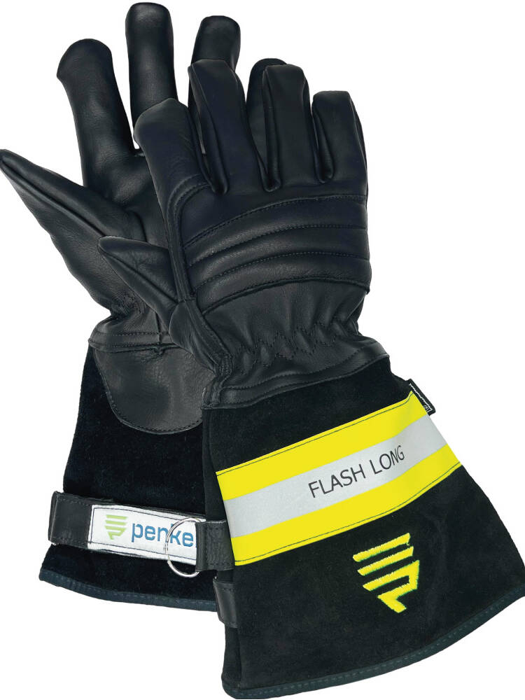 Das Bild zeigt ein Paar schwarze Feuerwehrhandschuhe mit langen Stulpen, gelben Reflektorstreifen und dem Aufdruck 