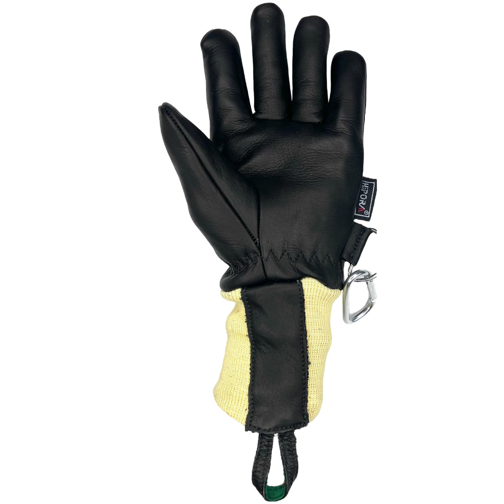 Das Bild zeigt die Innenhand eines schwarzen Feuerwehrhandschuhs mit einer gelben Manschette. Der Handschuh ist aus robustem Leder gefertigt und verfügt über einen Metallring zur Befestigung.