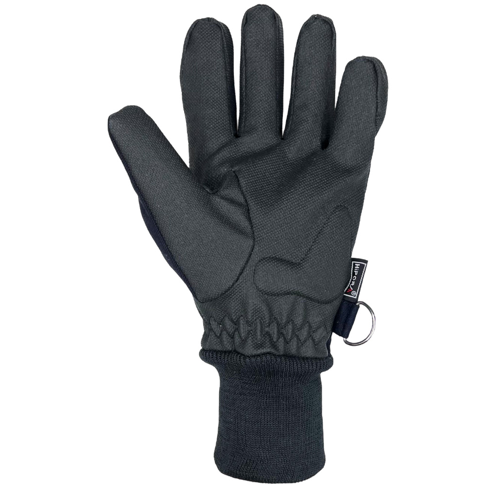 Ein schwarzer Schutzhandschuh mit kurzer Stulpe und verstärkter Innenhand, inklusive Befestigungsring und elastischem Bündchen für zusätzlichen Tragekomfort.