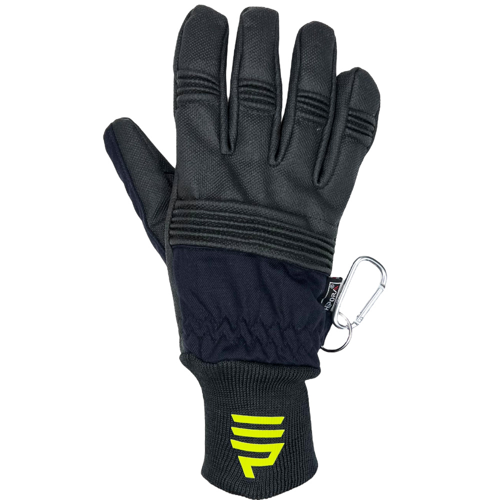 Schutzhandschuh mit verstärktem Handrücken, kurzem elastischen Bündchen, Penkert Logo und einem Karabiner zur Befestigung, geeignet für den Einsatz in rauen Arbeitsumgebungen.