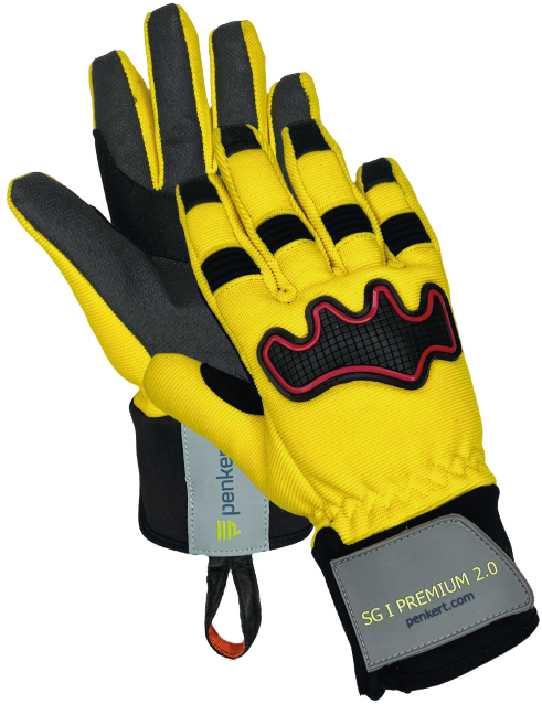 Zwei gelb-schwarze SG I PREMIUM 2.0 Schutzhandschuhe von Penkert, einer zeigt die Innenhand und der andere die Rückhand mit auffälligem Knöchelschutz.