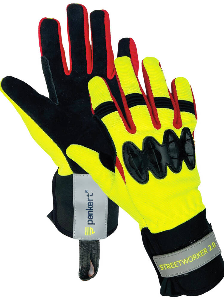 Gelb-rote Handschuhe mit Knöchelschutz, Vorder- und Rückansicht.