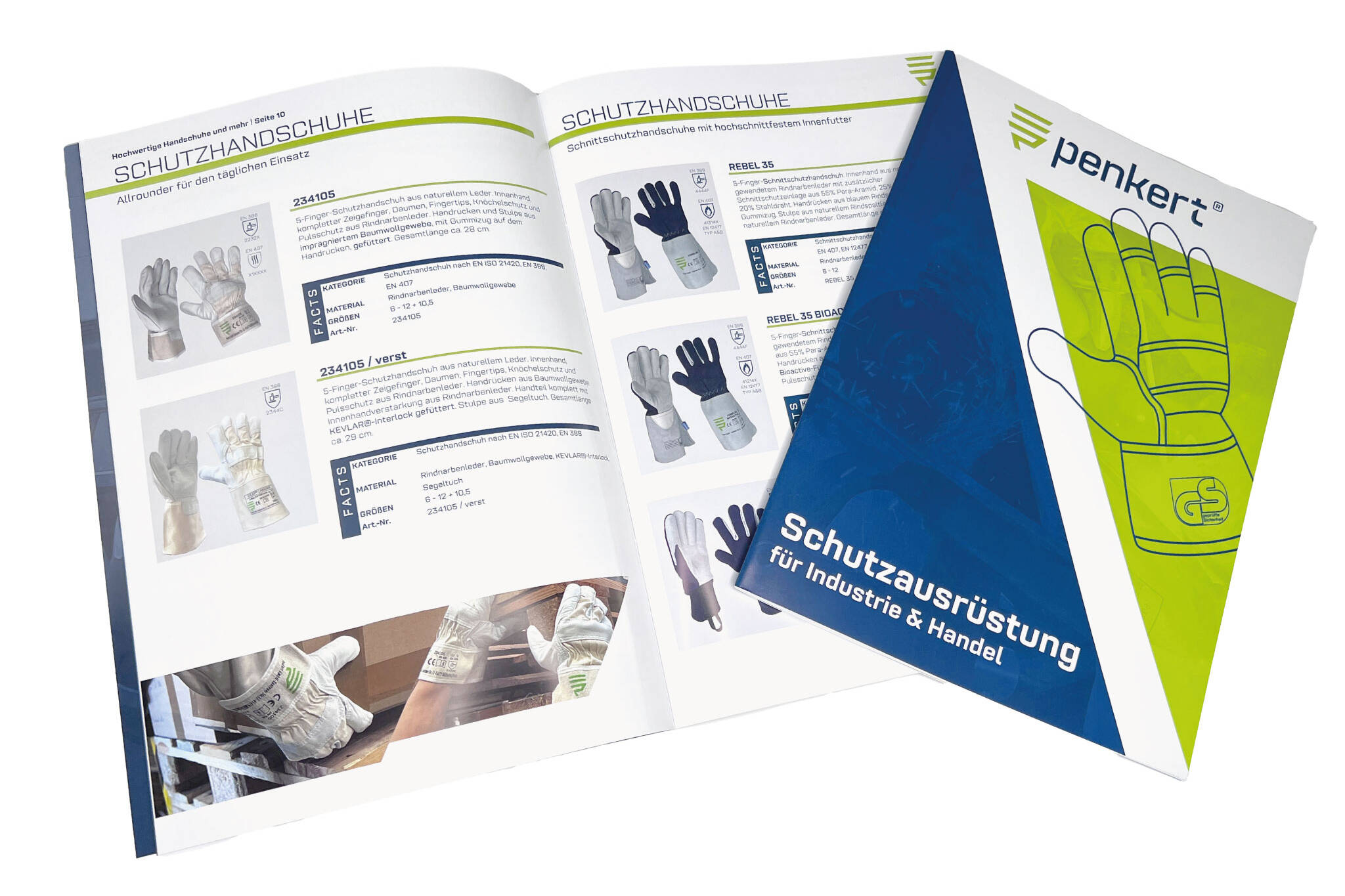 aufgeschlagener Penkert Katalog 2025 mit Abbildung und Beschreibung veschiedener Schutzhandschuhe sowie dem blau/grün Titelcover