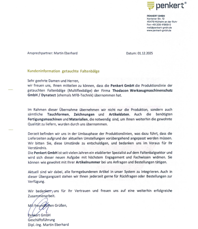 Kundeninformation getauchte Bälge